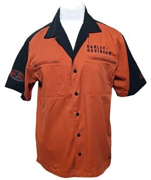 Vintage Harley Davidson Men's Button Up Shirt Size M Orange Black Zipper Pockets